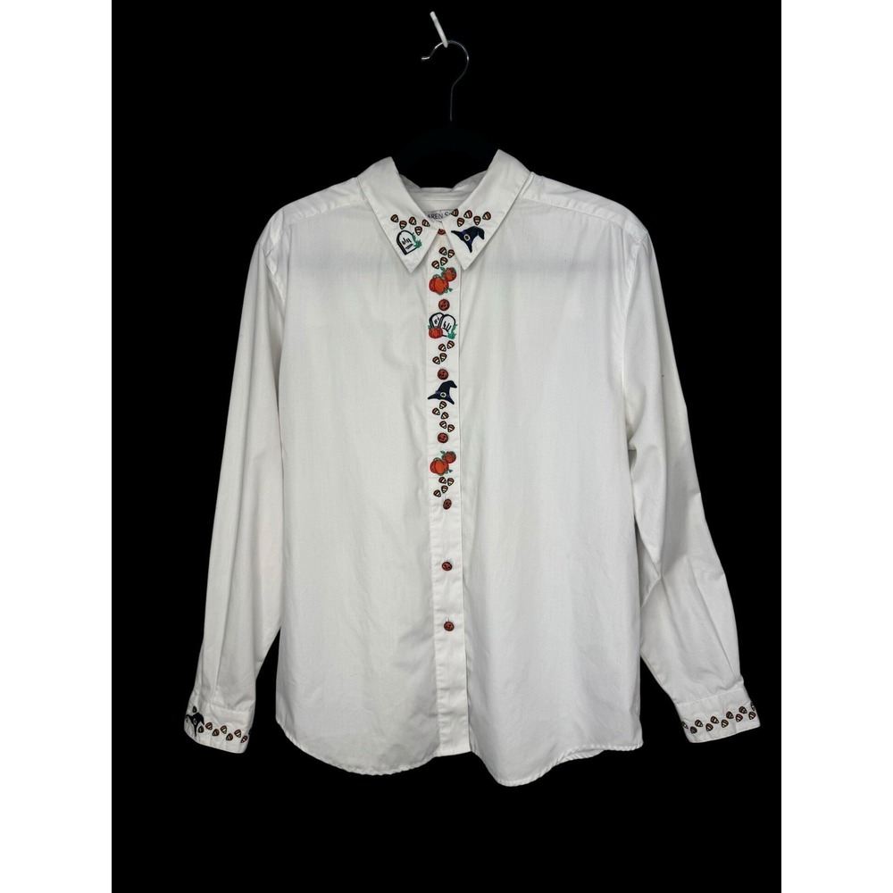 Karen Scott Halloween Pumpkin Candy Corn Embroidered Button Up Shirt Womens M